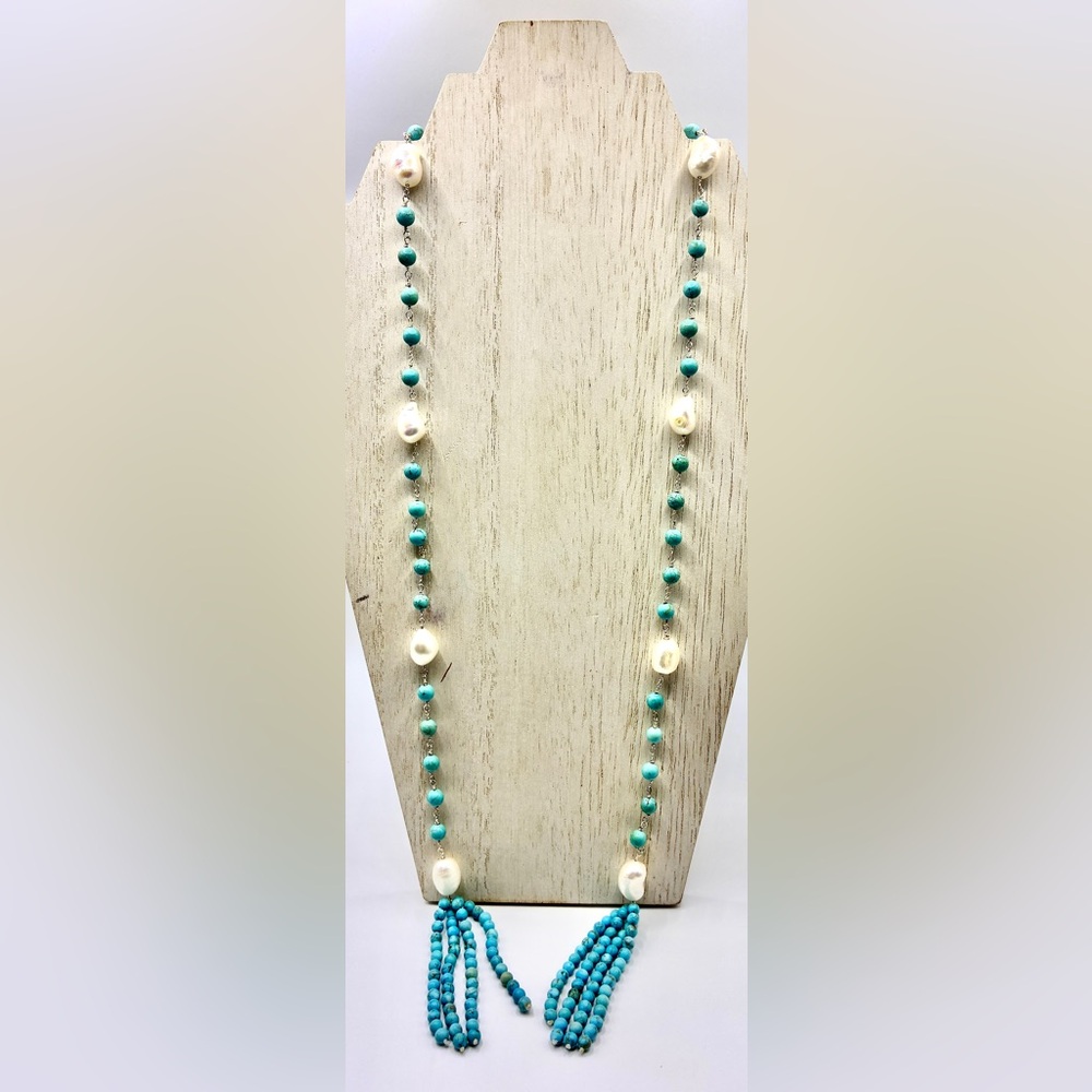 Vintage Porcelain Faux Turquoise Beads & Faux Pearls in Lariat Style Necklace